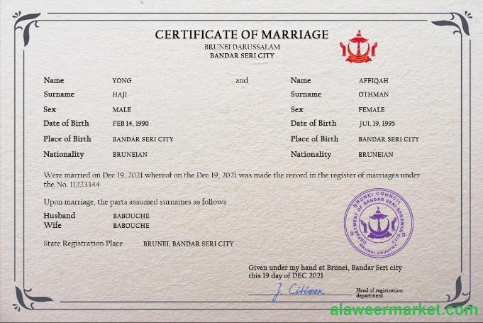 Brunei marriage certificate PSD template